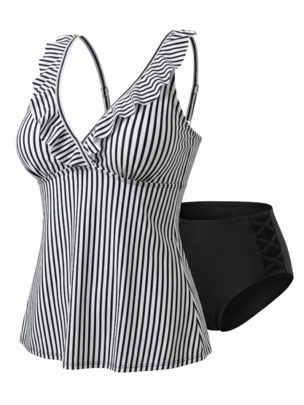 YONIQUE Black & White Striped Ruffle Bikini Set XS